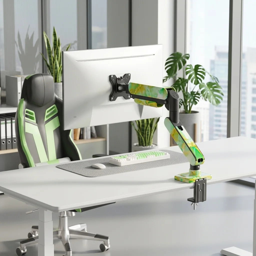 SC5 Jade Marble Pneumatic Monitor Arm Single Desk Mount Stand For 17-35 Inch Screen 2-10kg Load Height Adjustable Gaming Bracket