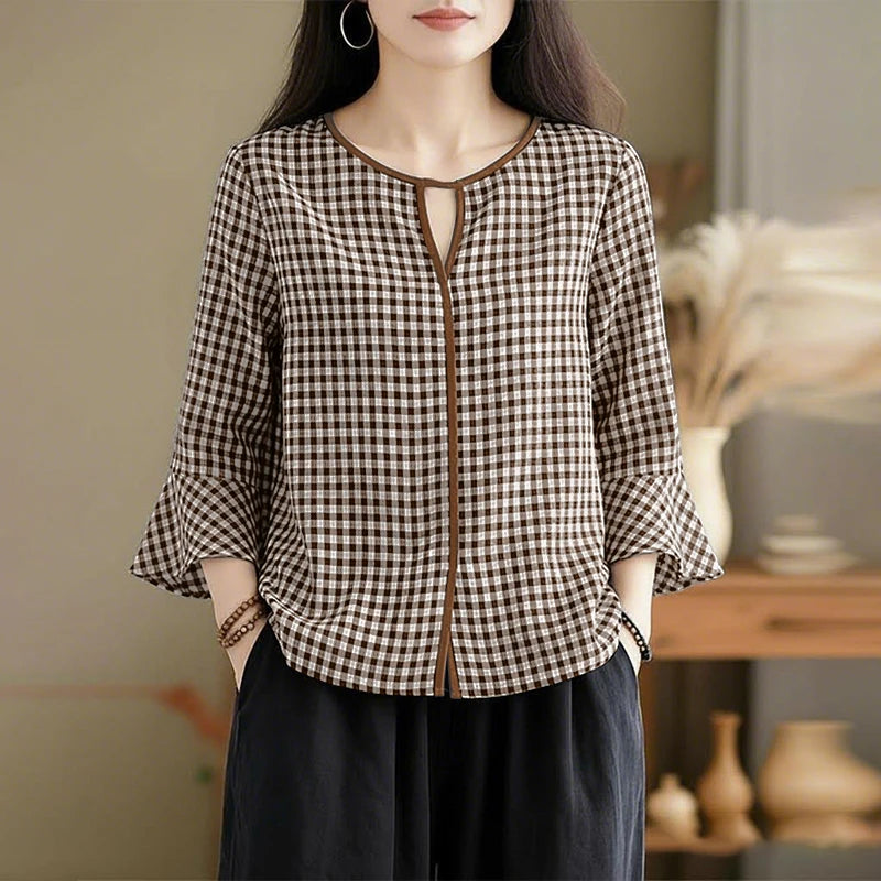 ZANZEA Women Summer Plaid Patchwork Blouse 3/4 Flare Sleeve Cut Out Tops Casual Loose Shirt Retro Chemise Female Work Blusas