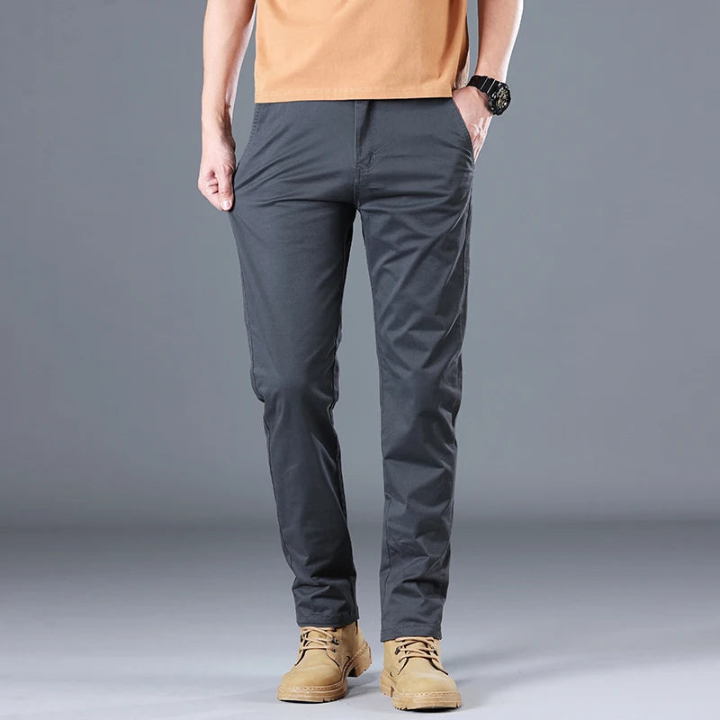 2024 Men's High Quality Pure Cotton Classic Solid Color Casual Pants Business Stretch Cotton Slim Straight Brand Trousers Male Secondary image