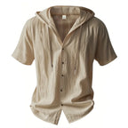 Cotton Linen Shirt for Men Hooded Short Sleeve Solid Color Breathable Lightweight Drawstring Design Shirts Casual Basic Tees