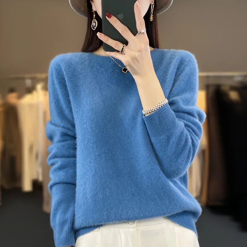 100% Merino Wool Sweater Women O-neck Cashmere Knitwear Female Pullover Autumn Winter Casual Tops Solid Color Soft  Clothing Secondary image