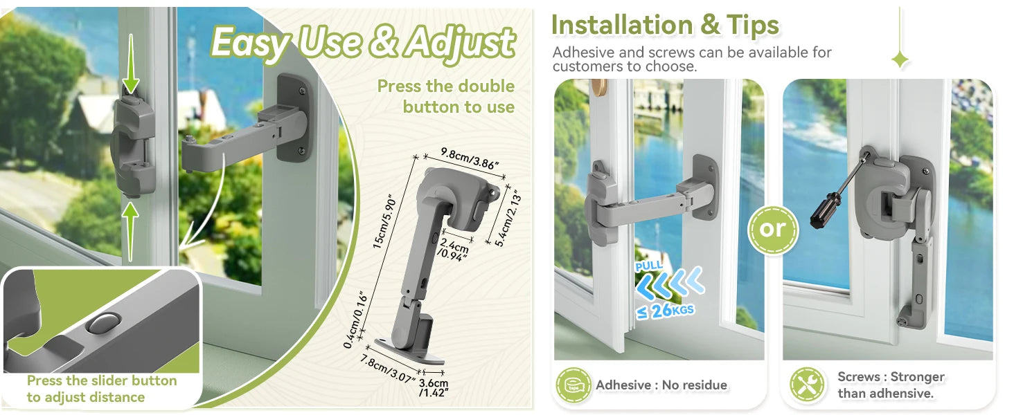Updated Baby Window Safety Lock, Childproof Window Restrictor for UPVC, Adjustable Winodw Guard for Wooden, Metal Frames