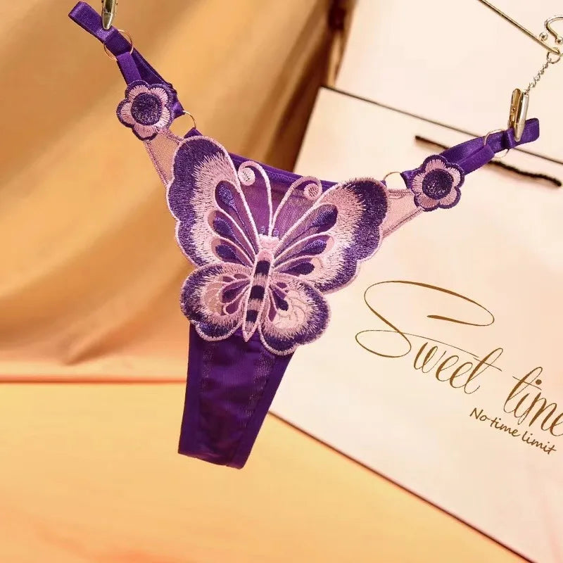 Sexy Lace Thong Women Butterfly Low Waist Panties G strings Transparent Mesh Briefs Adjustable Waist Panties Culotte Femme
