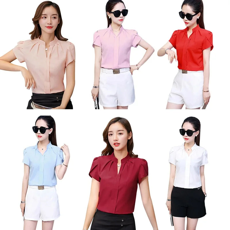 Women Casual Chiffon Shirt Summer Short Sleeve Elegant Blouse Female Formal Office Chiffon Tops Solid Color Loose Tops