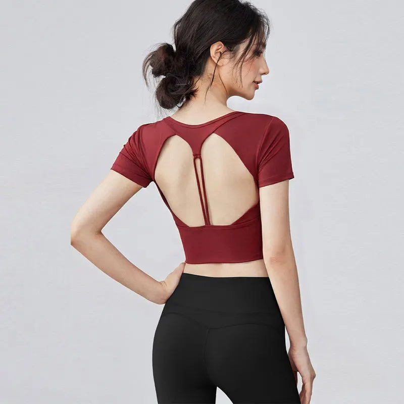 Women's Pilates Training Fitness Chest Cushion Yoga Top Quick Drying Breathable Sports Short Sleeve High-End Feeling Yoga Shirt Secondary image