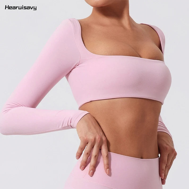 Hearuisavy Summer Quick Dry Square Neck Activewear Women Gym Top Fitness Sports Crop Top Female Casual Long Sleeve Yoga Clothes Main image