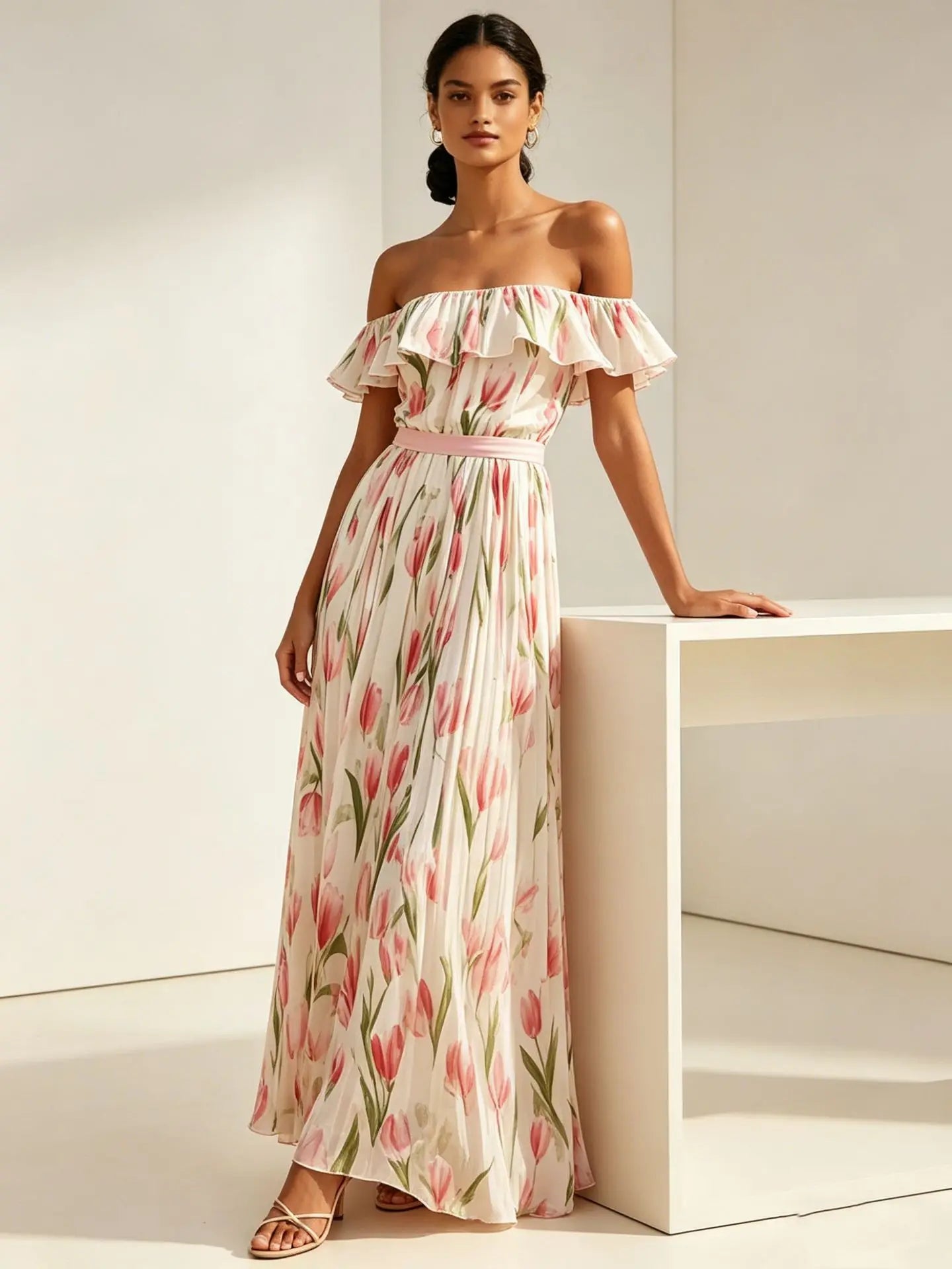 2026 summer off-the-shoulder tulip print plus size slimming square neck maxi dress