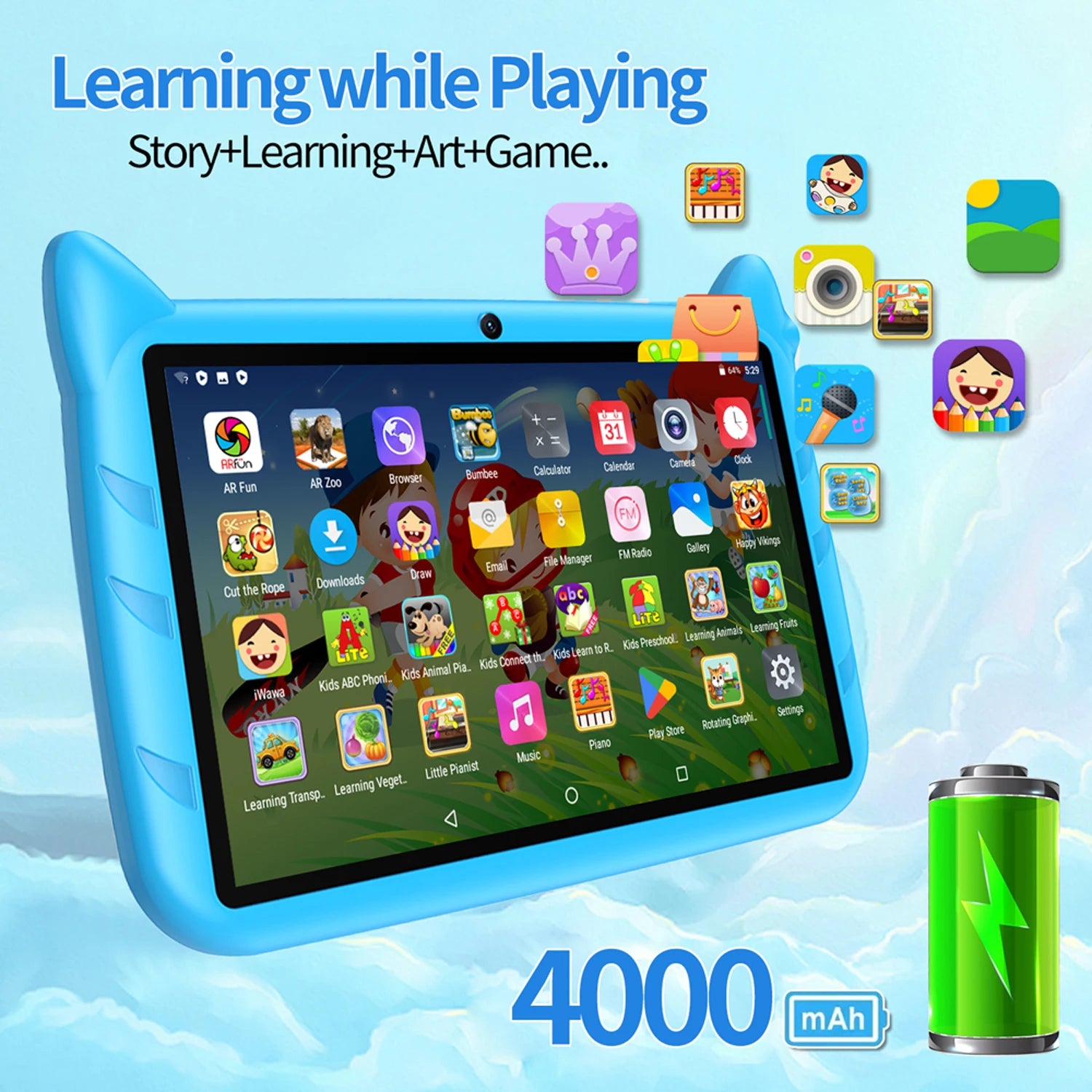 BDF Cartoon Pattern 7 Inch Kids Tablet Quad Core 4GB RAM 64GB ROM Android 13 Google Learning Education Games Tablets 4000mAh