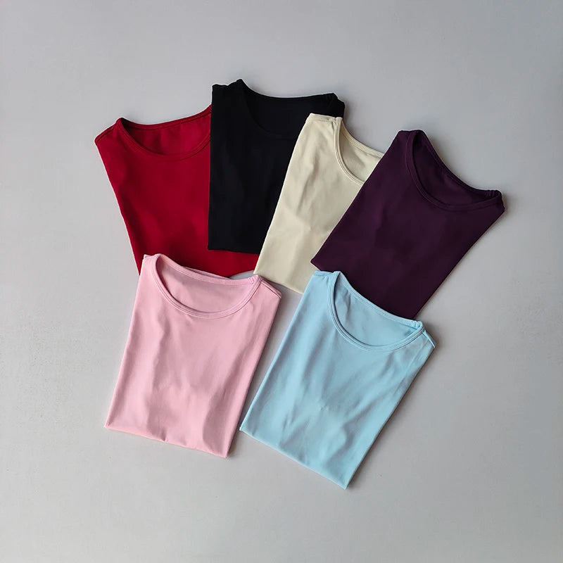 Nude-sensing Solid Color Yoga Clothes for Short-sleeved Women's Quick-drying Elastic Tight T-shirt Fitness Clothes Top Clothing