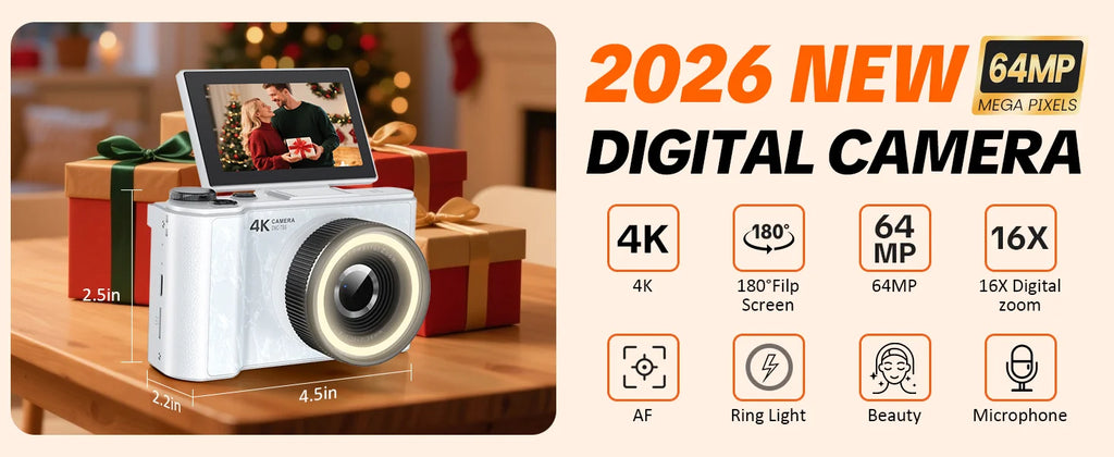 4K Vlogging Camera, 180° Flip Screen, Ring Light & Beauty Mode, Digital Camera for Beginners, 32G SD Card Included, Xmas Gift