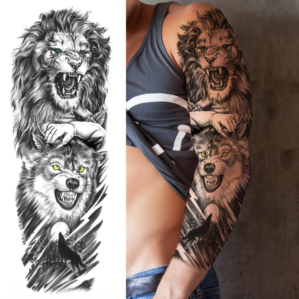 1 Sheet Full Arm Compass Zeus Skull Tiger Lion Flower Temporary Tattoos Sleeve For Men Women Adults Fake Temp Sticker Tattoo