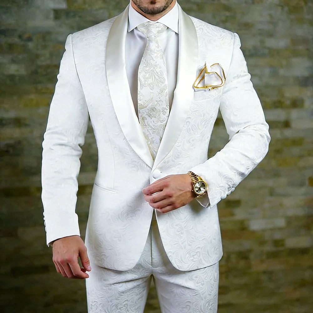 Elegant White Jacquard Fabric Men's Suits In Stock Formal One-Button Slim Fit Back Vent Shawl Lapel 2 Piece Jacket Pants Blazer
