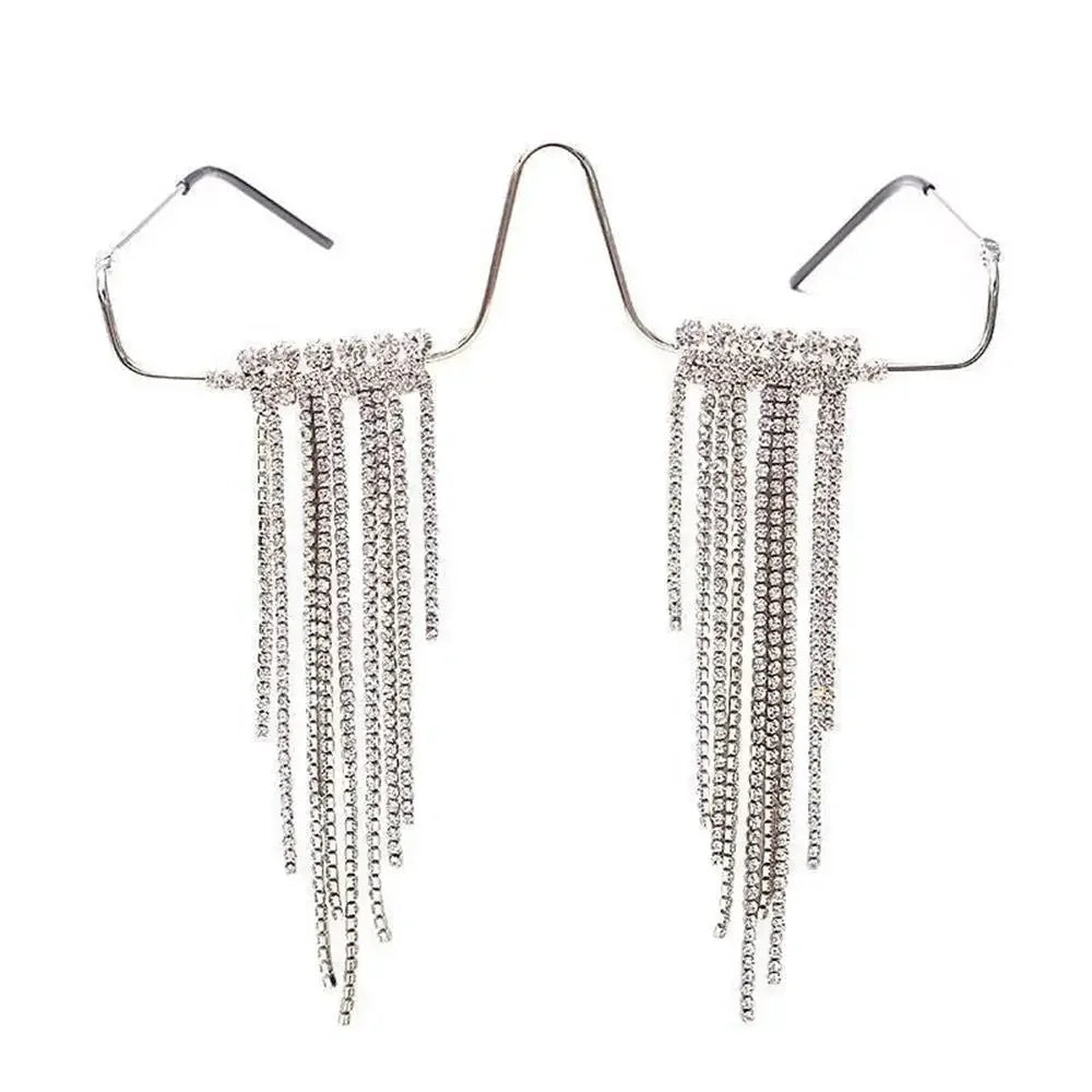 Fashion Tassel Half Metal Glasses Frame for Women Crystal Face Chain Jewelry Eyewear Kpop Makeup Rhinestone Accessory No Lens