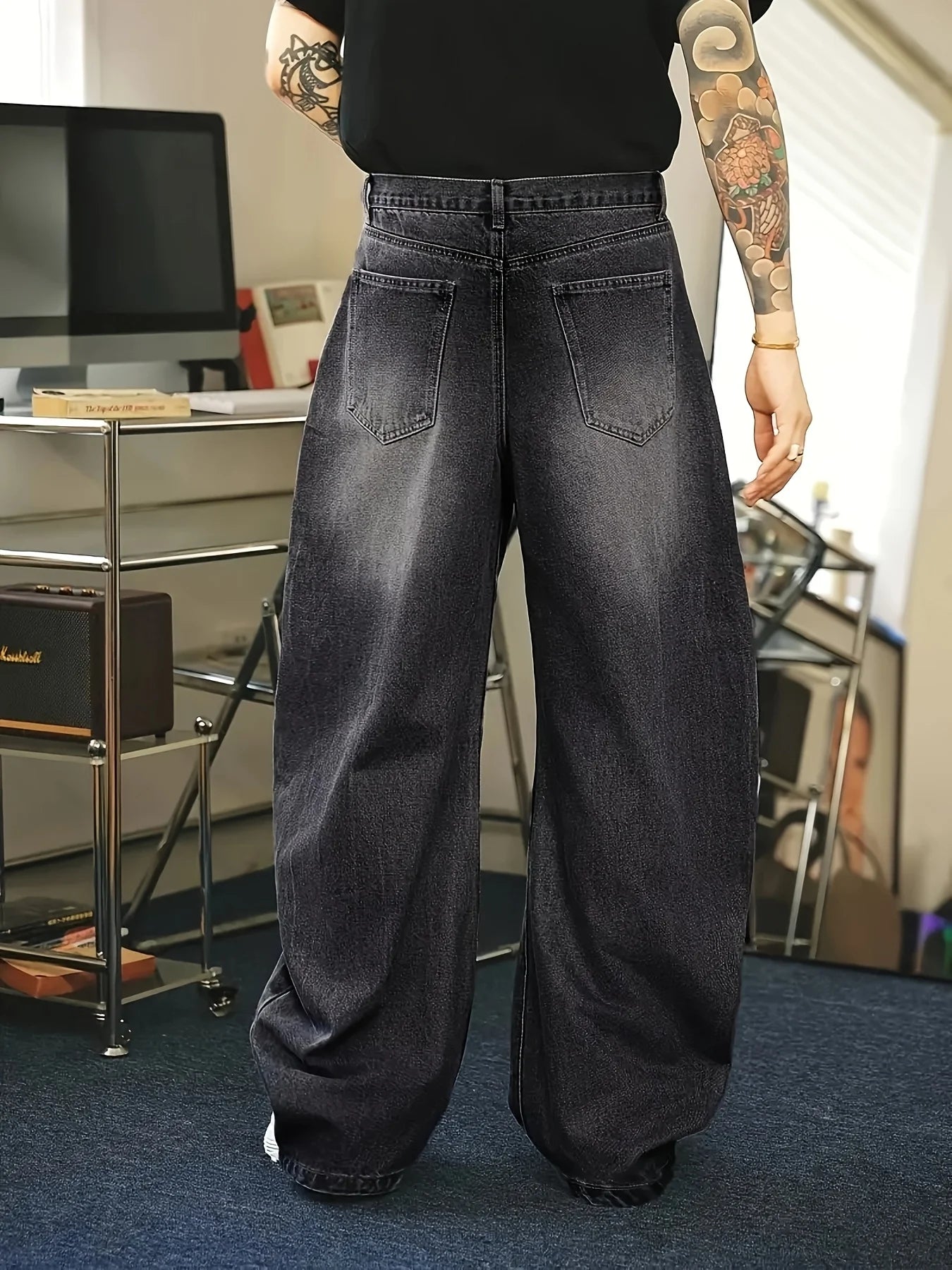1Pc Men's Daily Travel Casual American Street Loose Jeans, Black, Light Blue, Sea Blue Fashion Street Style Retro Lantern Jeans  Denim Pants Secondary image