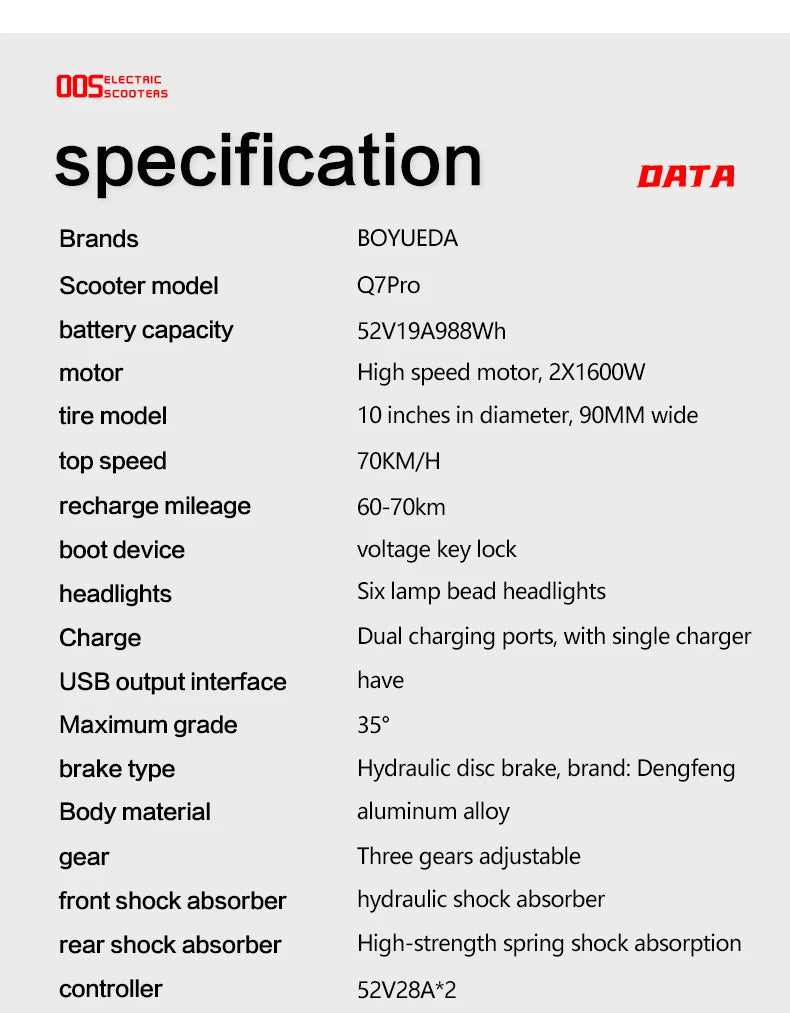 BOYUEDA Q7PRO Electric Scooter 3200W Dual Motor 52V19AH Foldable 10 Inch Tire 70KM/H Max Speed 70KM Mileage with Seat