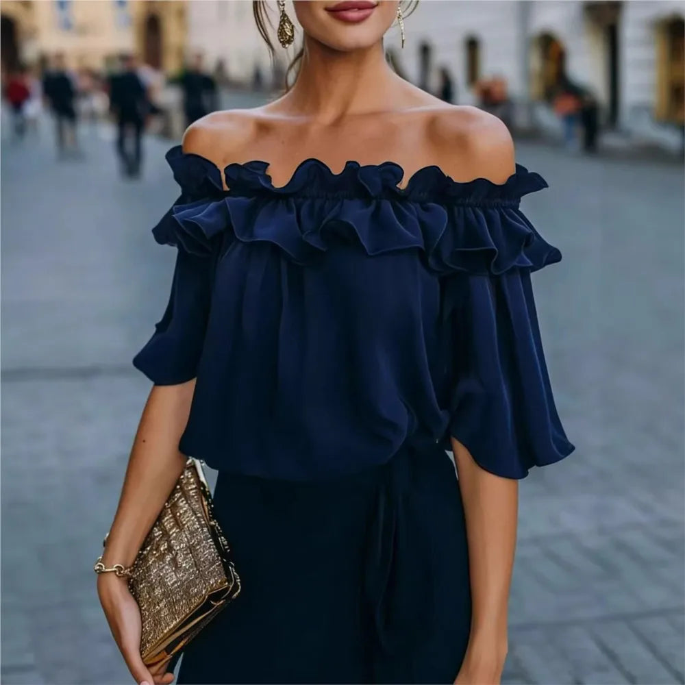 Fashion Ruffled Sexy One Shoulder Women's Short Sleeve Shirt Summer New Casual Loose Tops Female Elegant Versatile Office Shirt