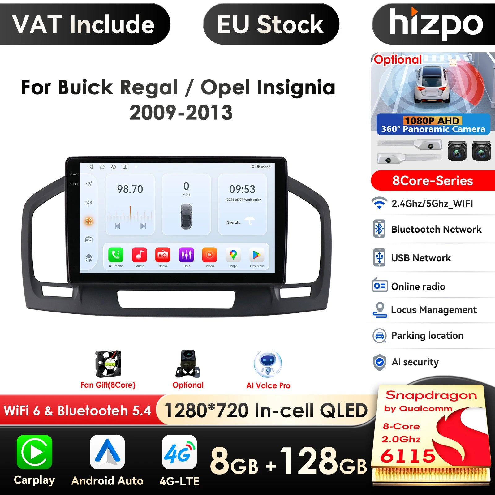 9inch 7862 QLED سکرین 2din اینڈرائیڈ کار ریڈیو ملٹی میڈیا ویڈیو پلیئر برائے Buick Regal 1 Opel Insignia GPS Navi Carplay 4G RDS BT Main image