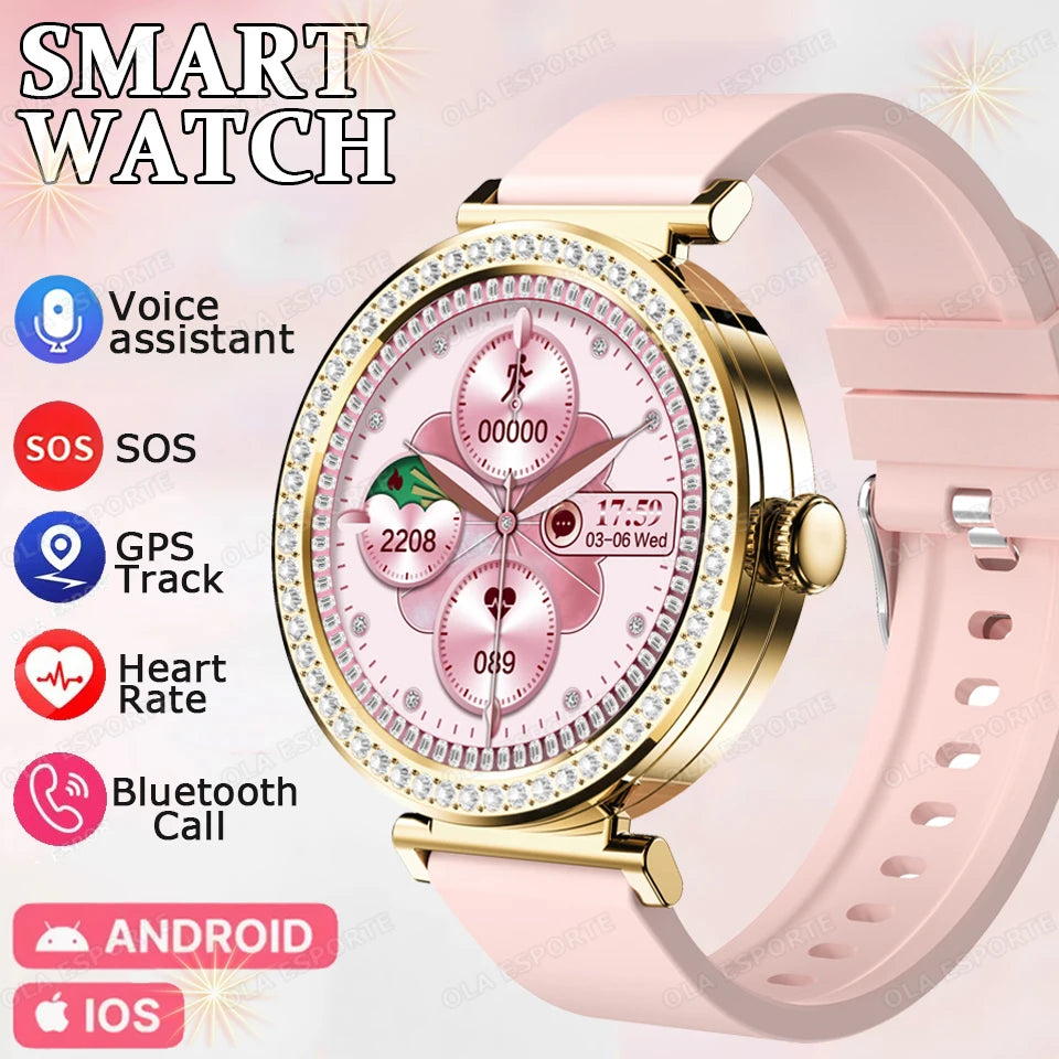 Fashion Zircon Smart Watch 1.46" AMOLED Screen 5.4 Bluetooth Call Heart Rate Temperature Monitoring Women Smartwatch Pedometer