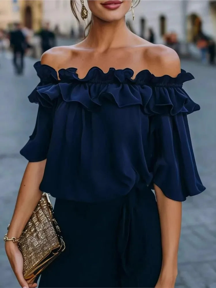 Fashion Ruffled Sexy One Shoulder Women's Short Sleeve Shirt Summer New Casual Loose Tops Female Elegant Versatile Office Shirt