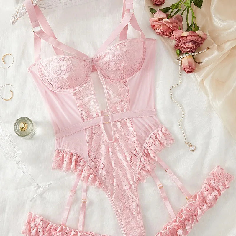 2pcs Red Floral Lace Garter Lingerie Set With Choker Women Intimates 2025 Underwire Bra And Thongs Ladies Underwear Set