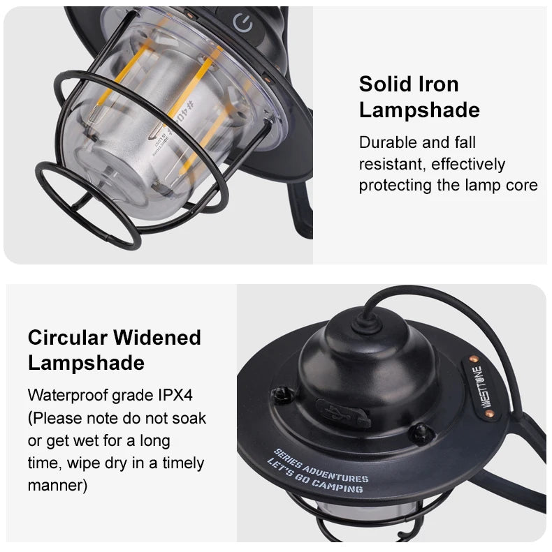 Portable Camping Lanterns Retro Hanging Tent Lamp Waterproof Dimmable Camping Light 1200mAh for Hiking Fishing Emergency Lantern