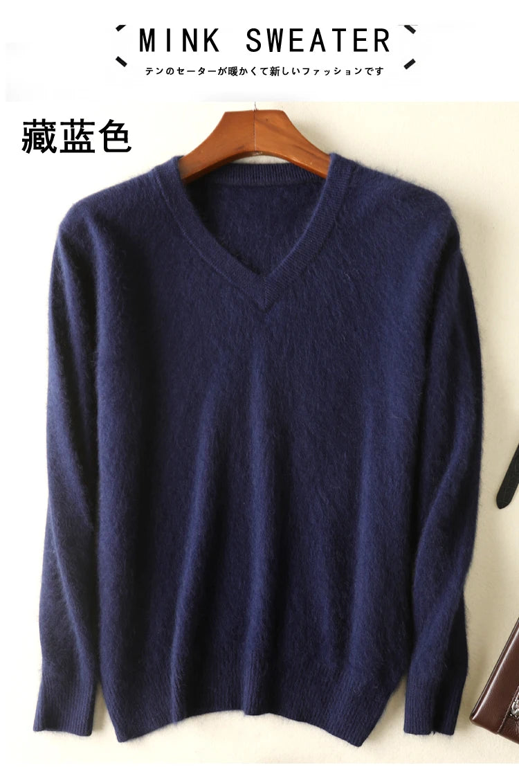 LHZSYY Men's 100% Mink Cashmere Large Size Sweaters Autumn Winter Solid V-neck Casual Knit Pullovers Men Long Sleeve Warm Jumper