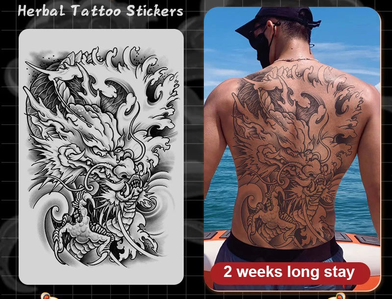 Magic Juice Ink Waterproof Tattoo Stickers Full Back Large Size Herbal Juice Temporary Tattoos Men Body Art Dragon Tiger