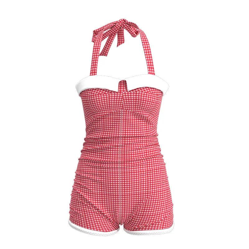 USPOP Vintage Gingham One-Piece Swimsuit for Women, Retro Halter Neck Bathing Suit, Comfortable Summer Beachwear