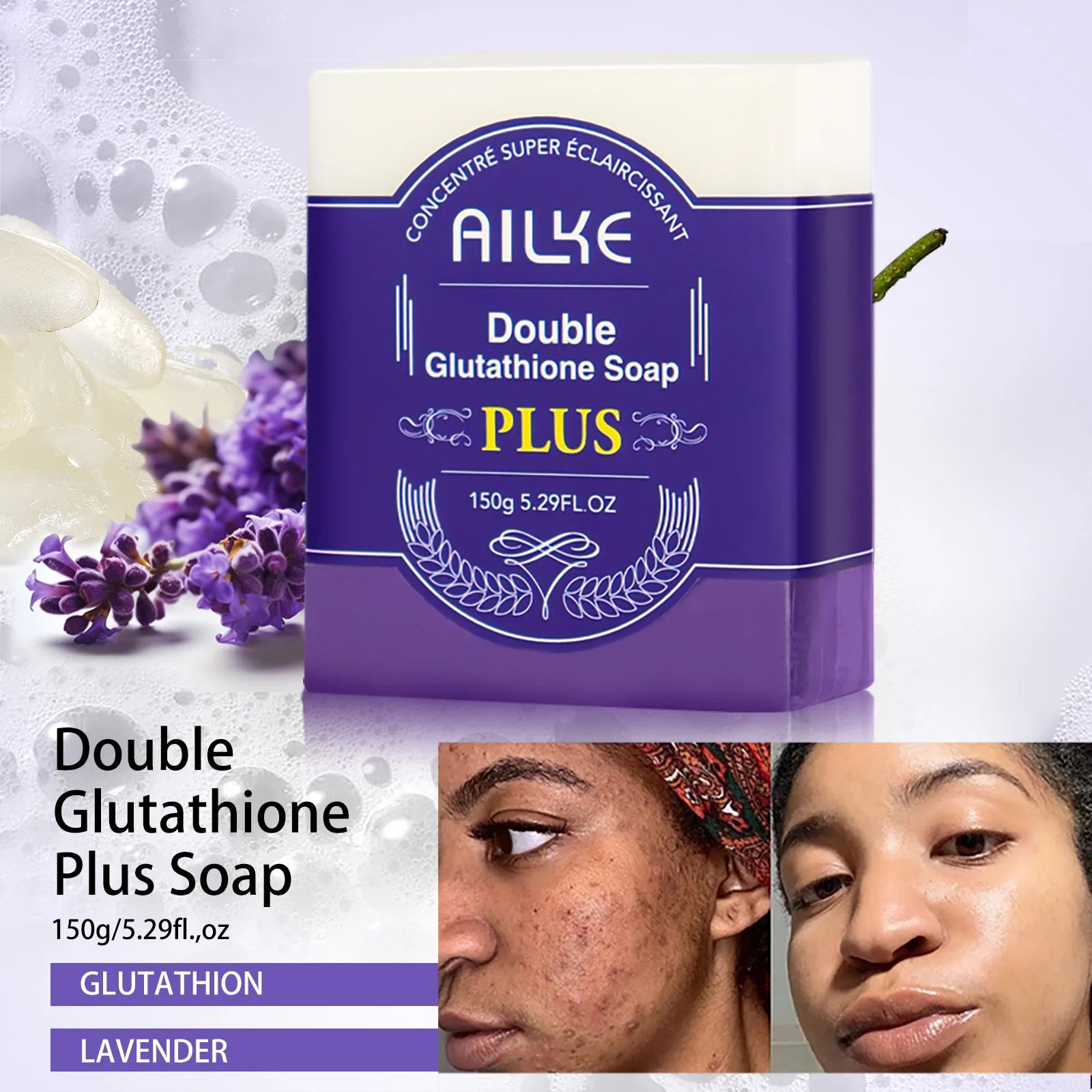 AILKE Double Glutathione PLUS Whitening Soap Bar, Reduce Dark Spots, Deep Clean Skin, Natural Lavender Scented for Face & Body