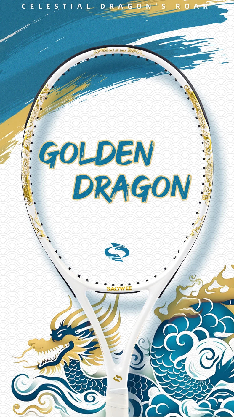 Golden-Dragon Carbon Fiber Tennis Racket For Adults, Ideal for Intermediate Training, Chinese Style Dragon, 50~60lbs, Free Gifts