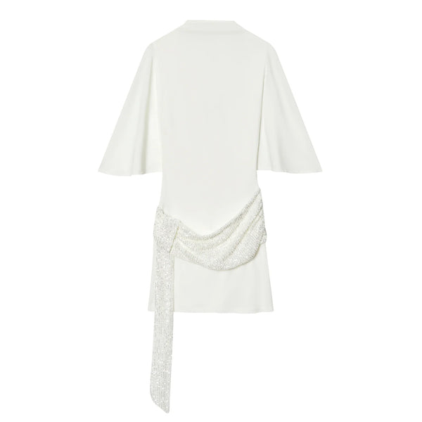 HH 2026 Women Elegant White Short-Sleeved Backless Sequined Splicing Decoration Sexy Short Dress Woman Fashion Party Mini Dress