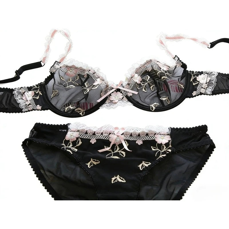 French Style Minimiser Bra Set | Big Size Unpadded Lace Half Cup, Large Cup Thin Anti-Sagging Sheer Lingerie Set BANERDANNI Bras