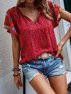 Summer Floral Print Blouses For Women Fashion V Neck Short Sleeve Boho Beach Casual Tops Female Elegant Shirt New Womenes