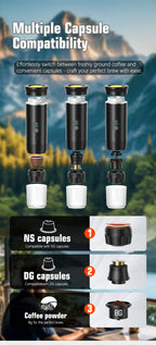 DENOKIN Portable Espresso Coffee Machine With Digital Display 3-in-1 Capsule Coffee Maker for Car & Home Camping Coffee Maker