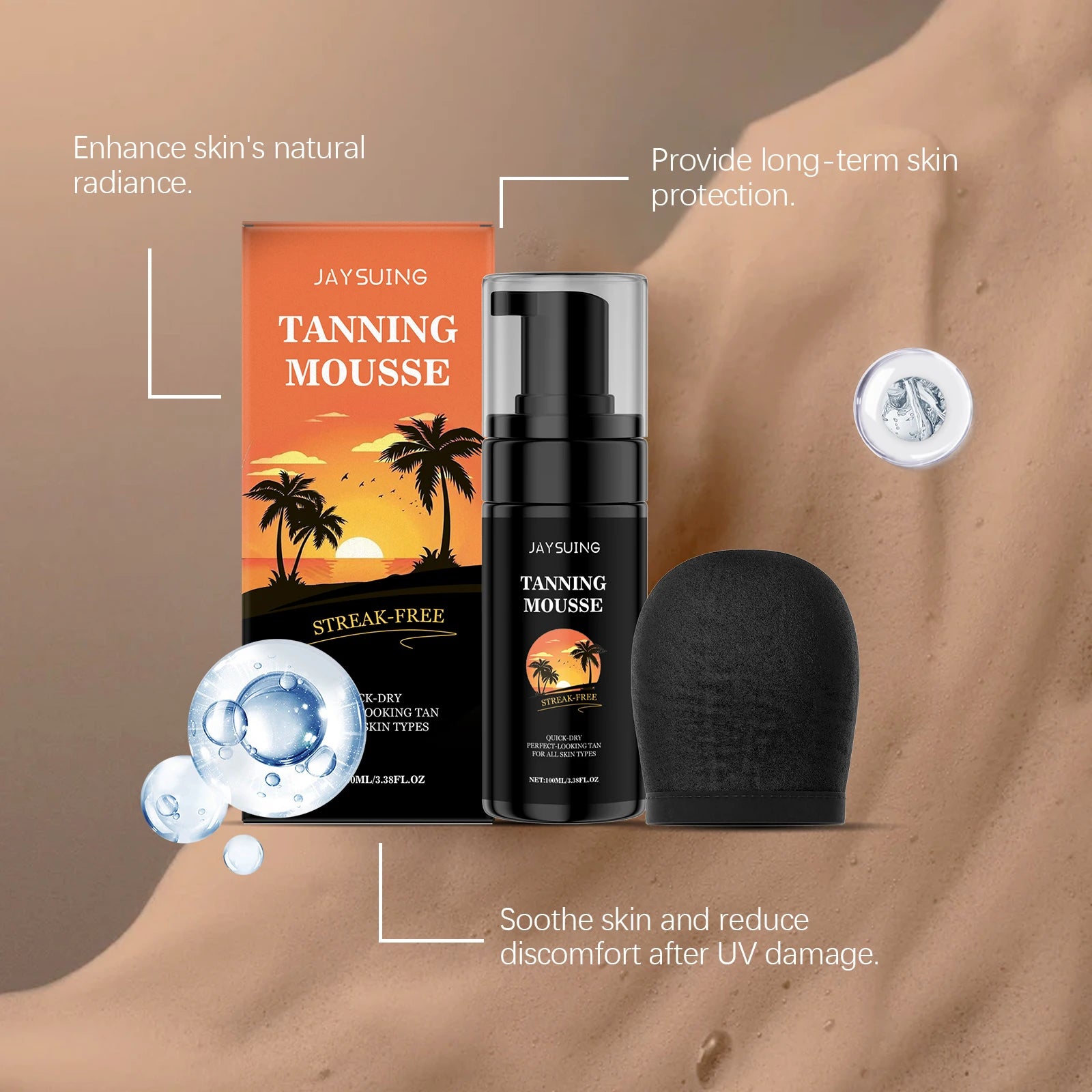 Self Tanning Mousse Moisturize Brighten Even out Body Skin Tone Anti-Dryness Sunburn Repair Mild Coconut Tan Accelerator Cream
