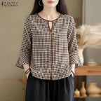 ZANZEA Women Summer Plaid Patchwork Blouse 3/4 Flare Sleeve Cut Out Tops Casual Loose Shirt Retro Chemise Female Work Blusas