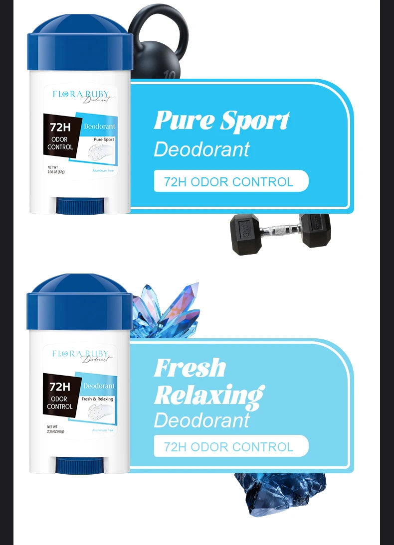72-Hour Long-Lasting Deodorant Men，Aluminum-Free Fresh Scent，Pure Sport for Gym & Workout，Underarm Odor Body Remove，No Stains