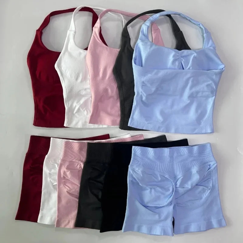 No Logo 2 Pieces Sports Set Women Backless Tank Tops High Waist Scrunch Seamless Shorts Gym Set Sportswear Workout Set Yoga Secondary image