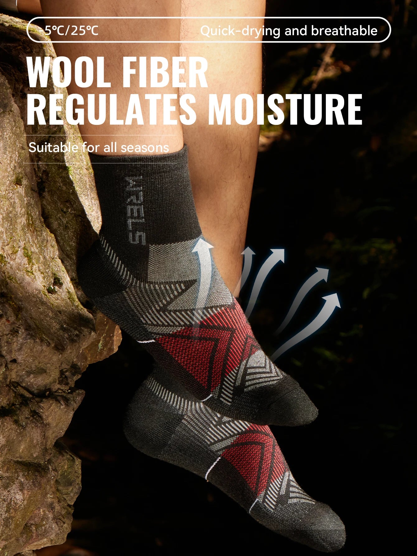 WRELS 1/2/3Pairs Merino Wool Socks Hiking Running Socks Breathable Cushion Sweat Wicking Warm Thermal Compression Wool Socks