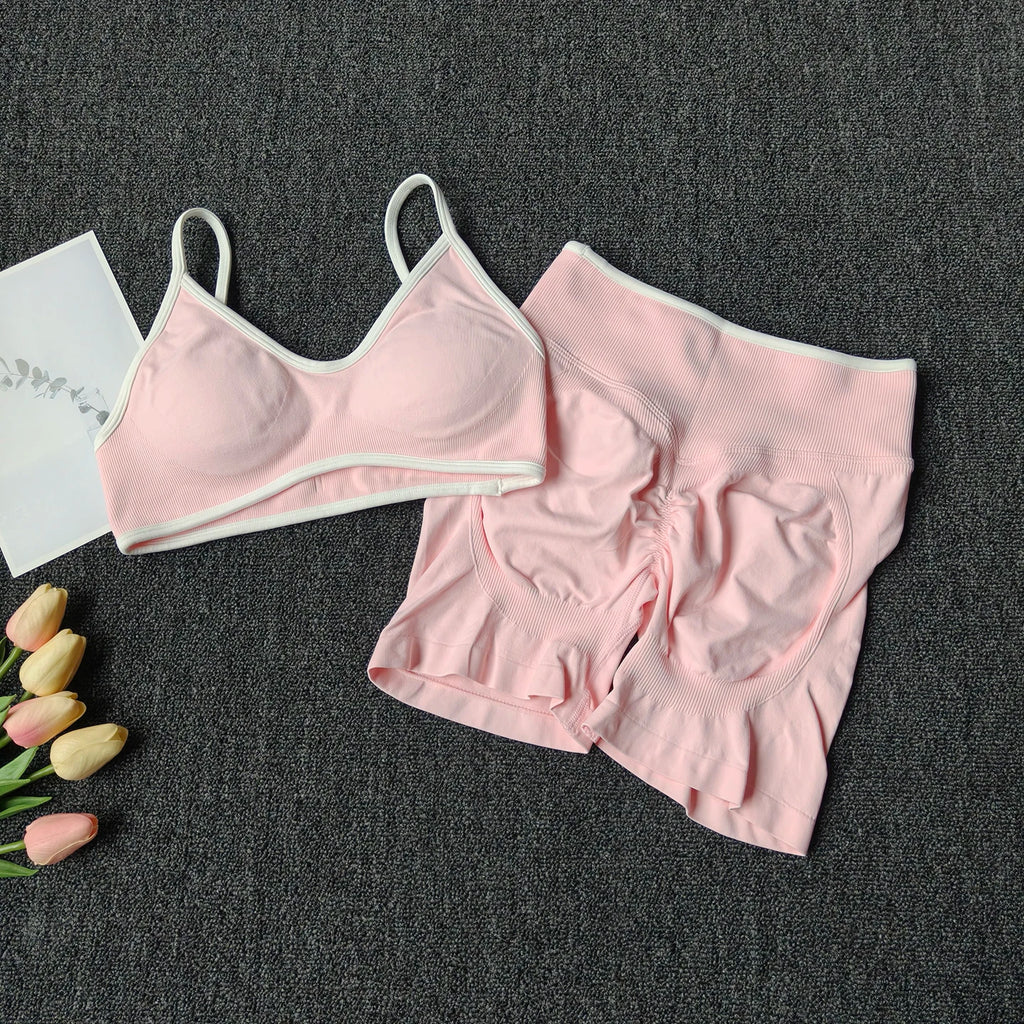 Peach Buttock Yoga Suit Women Gym Seamless Suspender Gathering Bra High Waist Hip Lifting Belly Tightening Shorts Fitness Set