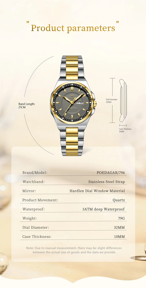 POEDAGAR Fashion Ladies Watch Top Elegant Week Date Woman Clock Quartz Stainless Steel Luminous Waterproof Women's Watches Reloj