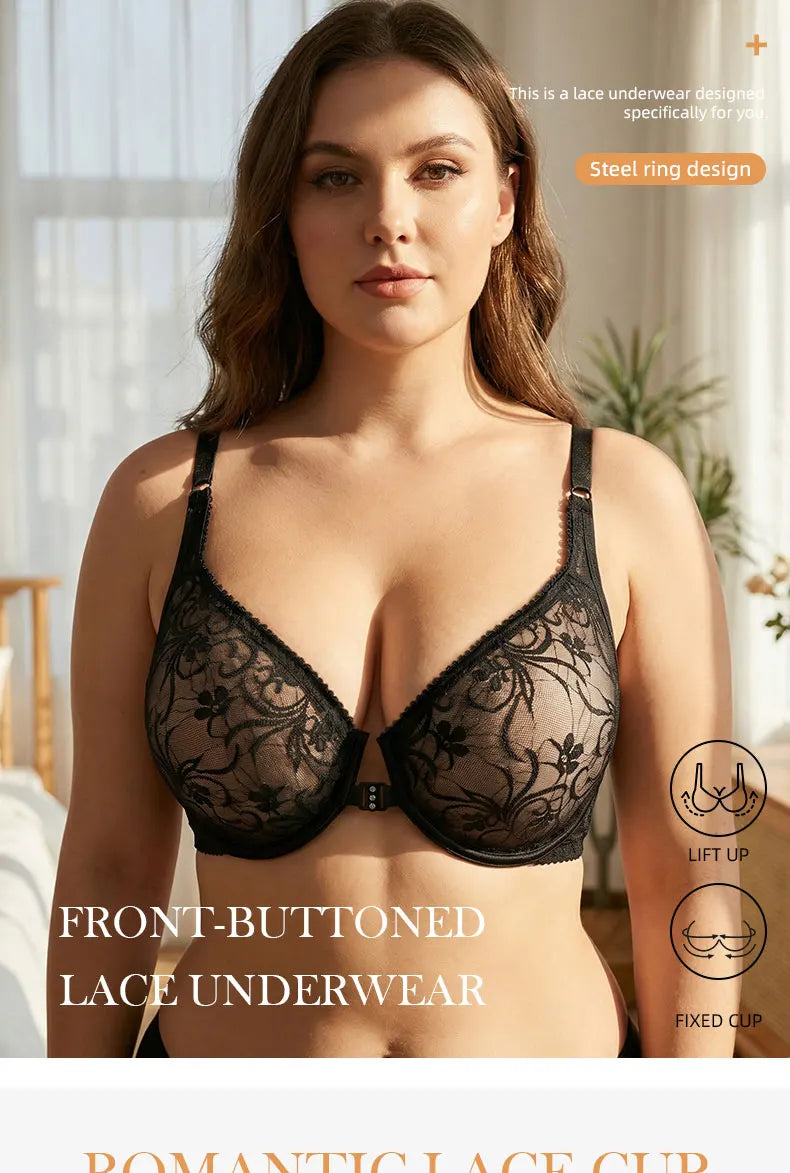 Front Button Women's Bra Lace Sheers Unpadded Sexy Lingerie BH Tops Flower knitting Brassiere Underwire Underwear Plus Size Bras