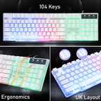 MAMBASNAKE T11 UK 100% Gaming Keyboard&Mouse&Headset&Mouse Pad Combo Set Rainbow Backlit Keyboard, 2400DPI 4 Buttons USB Wired