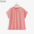 Women Summer Plaid Checked Blouse ZANZEA 2026 Fashion O Neck Short Sleeve Tops Casual Loose Holiday Shirt Elegant Work Blusas