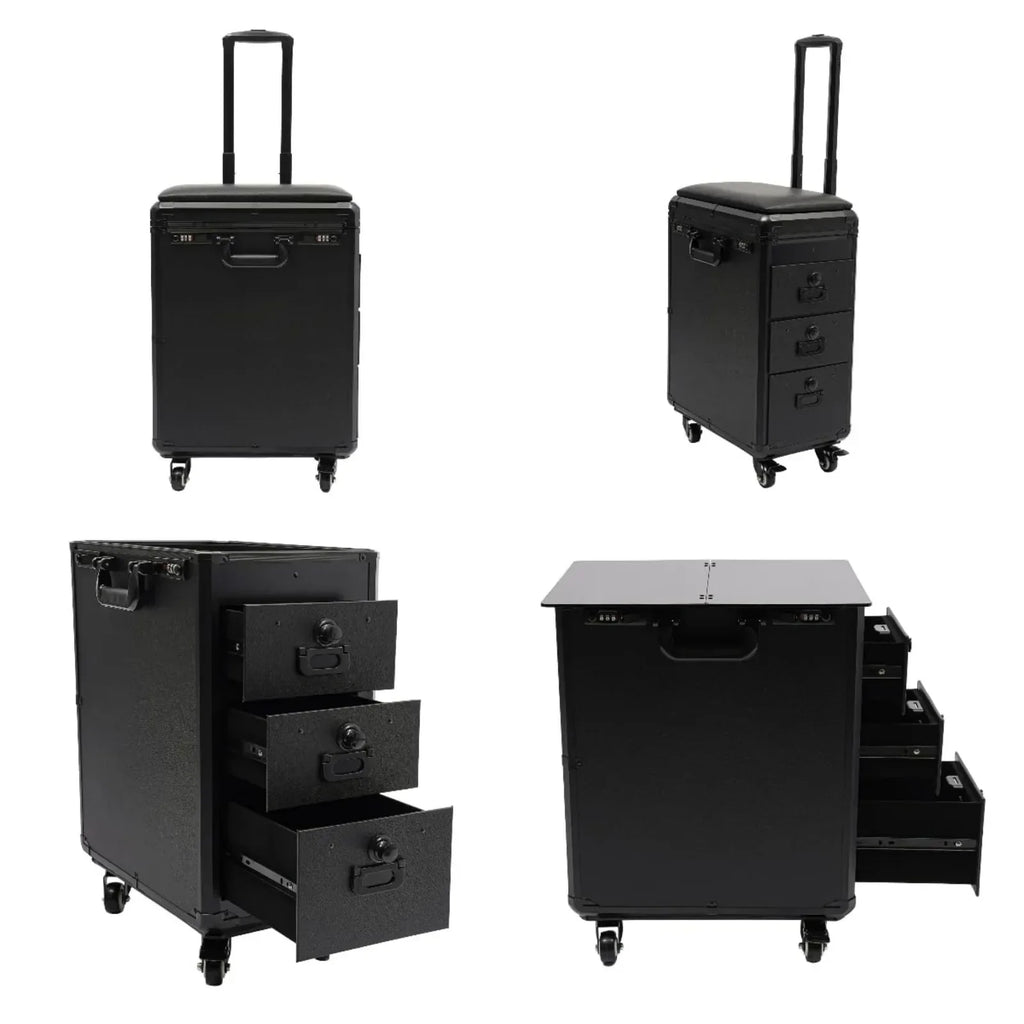 Rolling Makeup Train Case w/Tattoo Armrest Stand,Beauty Trolley Case with 3 Drawers, 4 Universal Wheels, and Combination Lock
