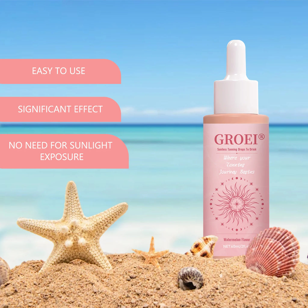 GROEI 60ml Sunless Tanning Drops to Drink - Natural Watermelon Flavor, No Sunlight Needed, Easy-to-Use Skin Glow Solution