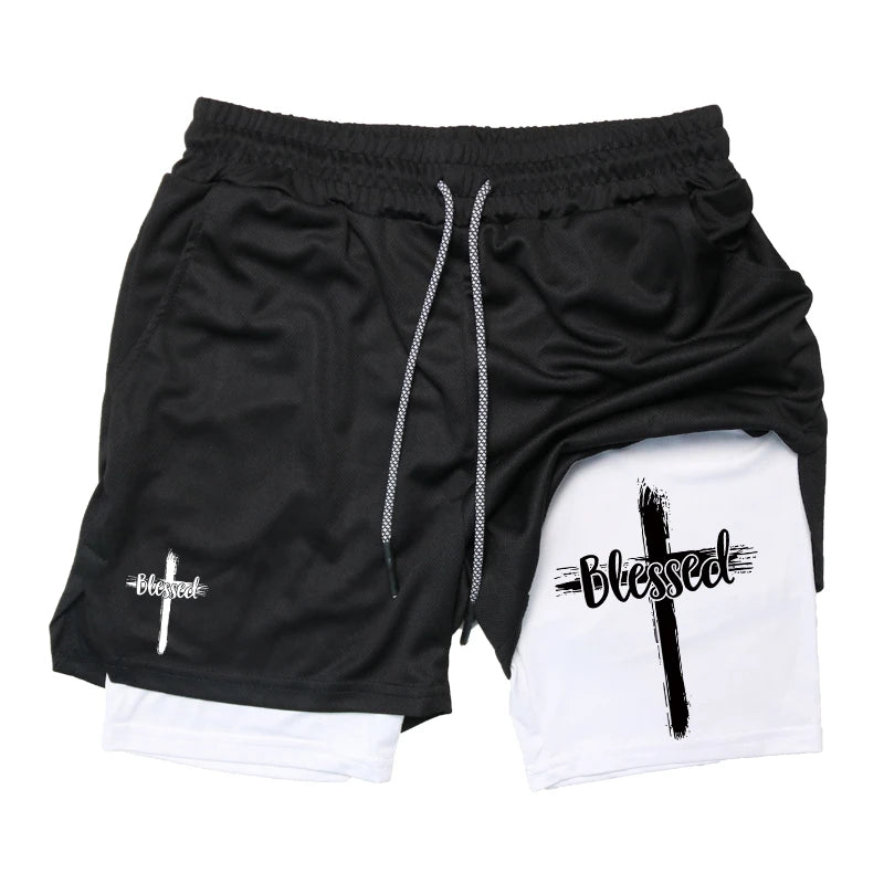 Print 2 in 1 Running Workout Shorts for Men Christian Gym Athletic Performance Shorts with Phone Pocket Towel Loop Activewear