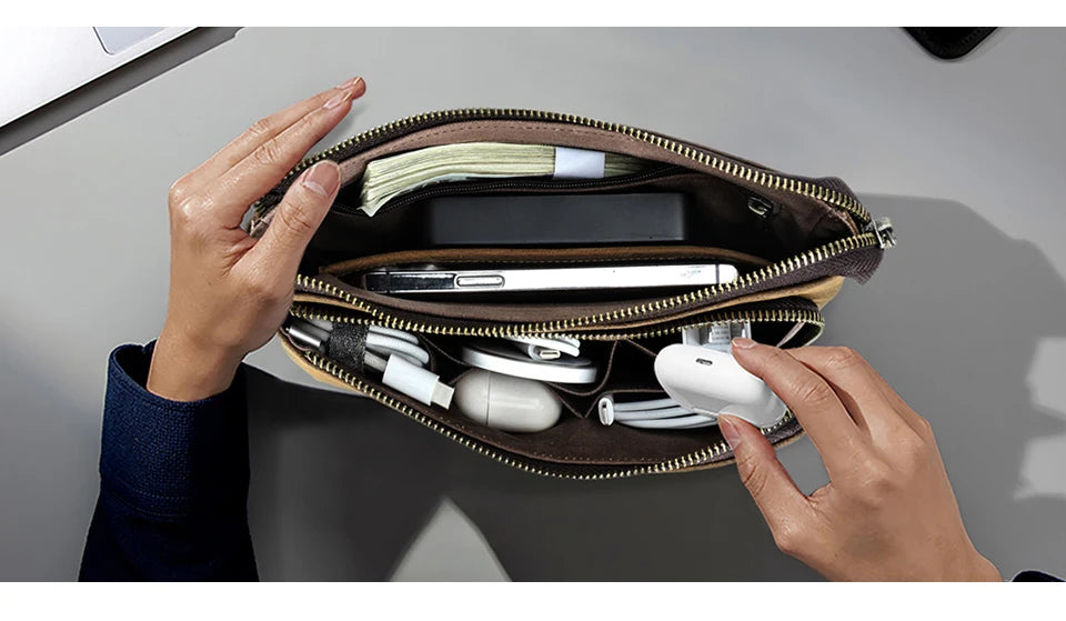 CONTACT'S Genuine Leather Men Clutch Bag Design Handbag Long Wallet Male Purse Travel Charge Storage Bag Cable Organizer