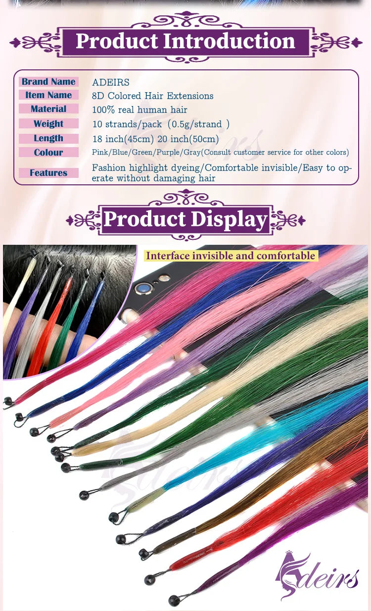 ADEIRS Color  8D Tip Hair Extensions 100% Real Human Hair Microbeads Extensions Color Purple Blue Pink Gray 18-20inch
