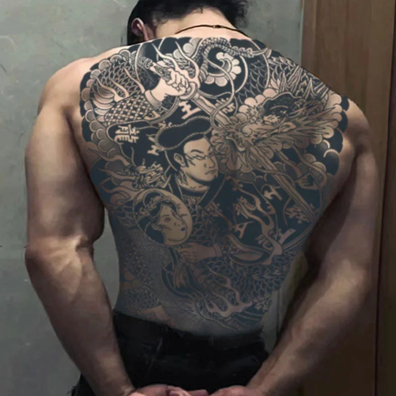 Magic Juice Ink Waterproof Tattoo Stickers Full Back Large Size Herbal Juice Temporary Tattoos Men Body Art Dragon Tiger